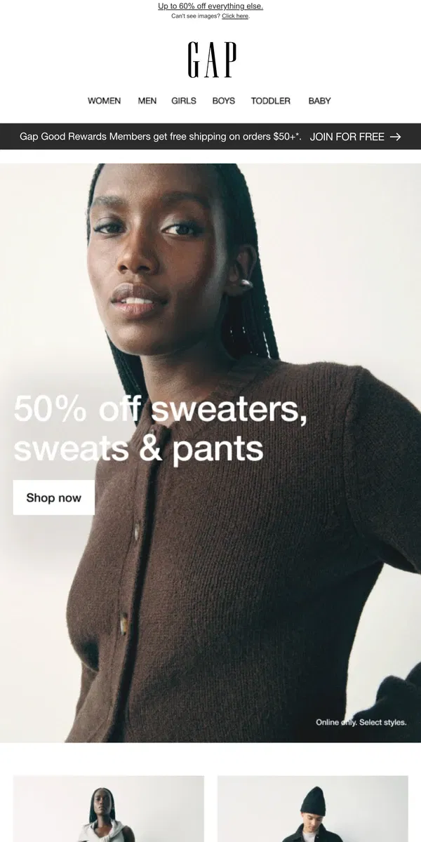 Email from GAP. Time for your refresh: 50% off sweaters, sweats & pants