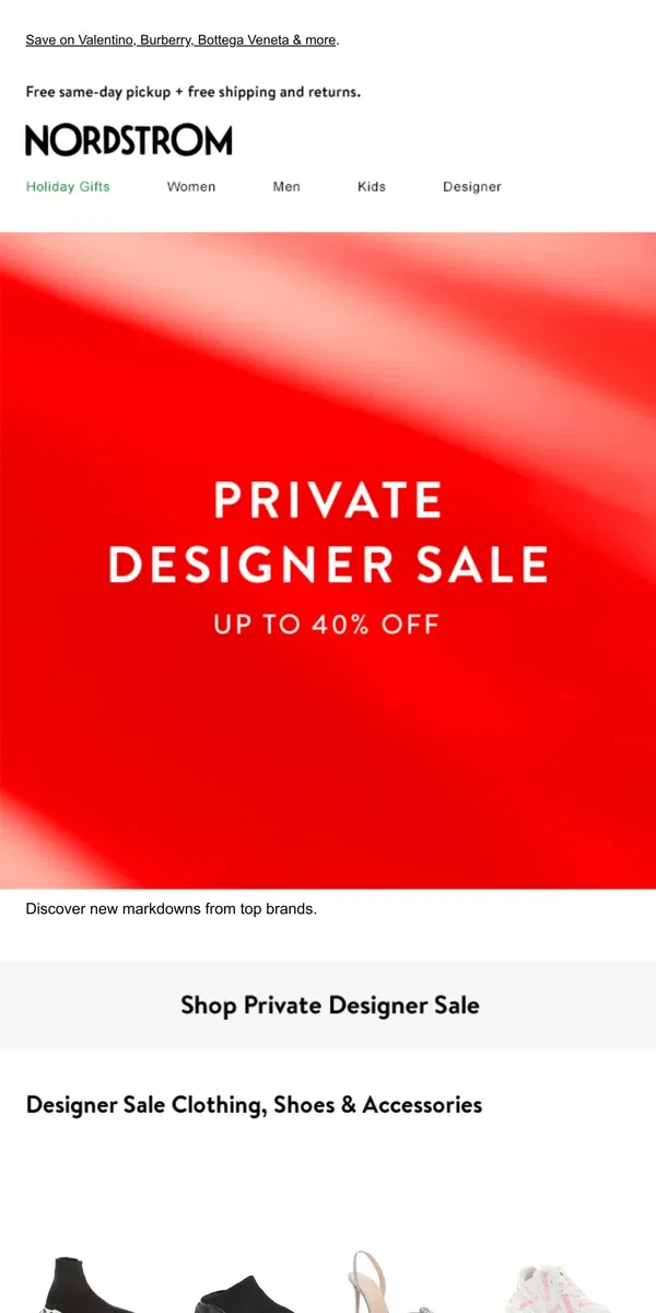 Email from Nordstrom. Private Designer Sale: new markdowns up to 40% off