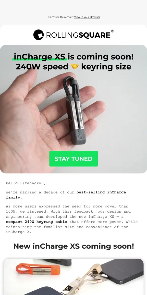 Email from Rolling Square. The new inCharge addition launches in 3 days