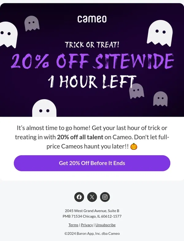 Email from Cameo. Boo! Only one more hour for 20% off!