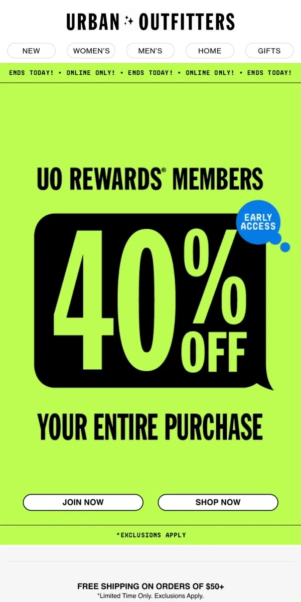 Email from Urban Outfitters. ENDS SOON: 40% off early access