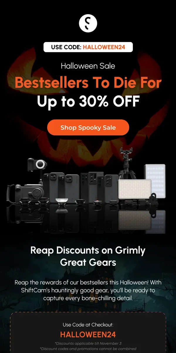 Email from ShiftCam. Biggest Spooky Sale Yet! Save Up to $500 Spine-Tingling Discounts