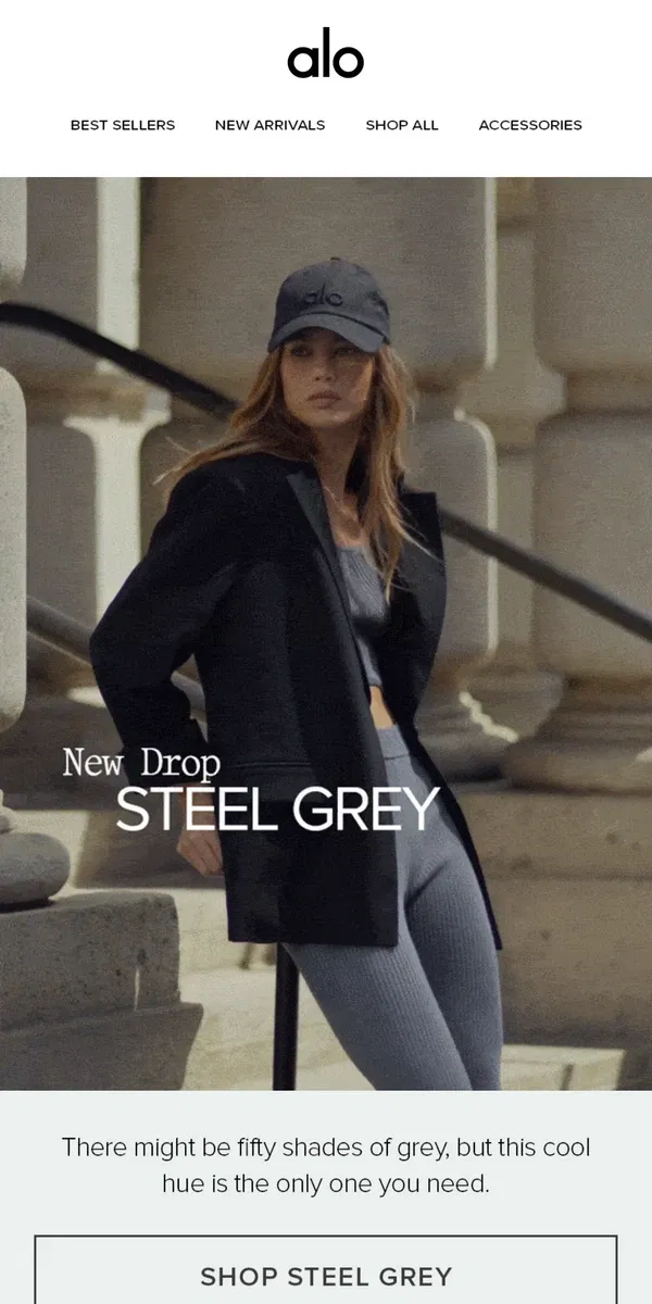 Email from Alo Yoga. New Drop: Steel Grey