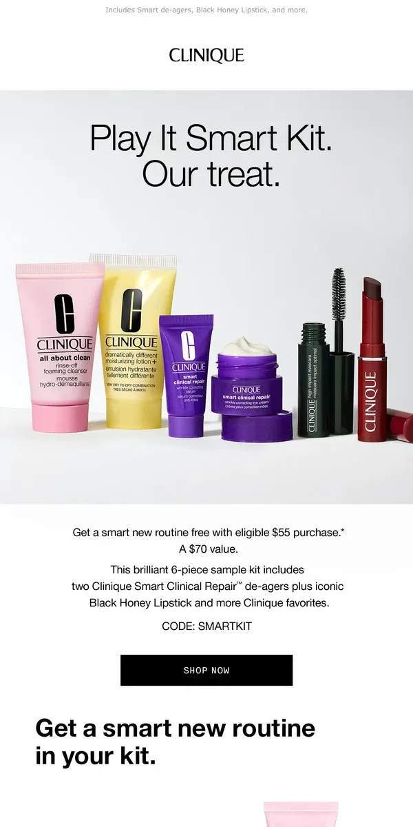 Email from Clinique. Play It Smart Kit 💜 Yours free with $55 order.