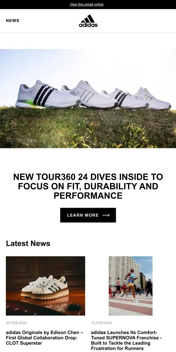 Email from Adidas. New TOUR360 24 Dives Inside to Focus On Fit, Durability and Performance