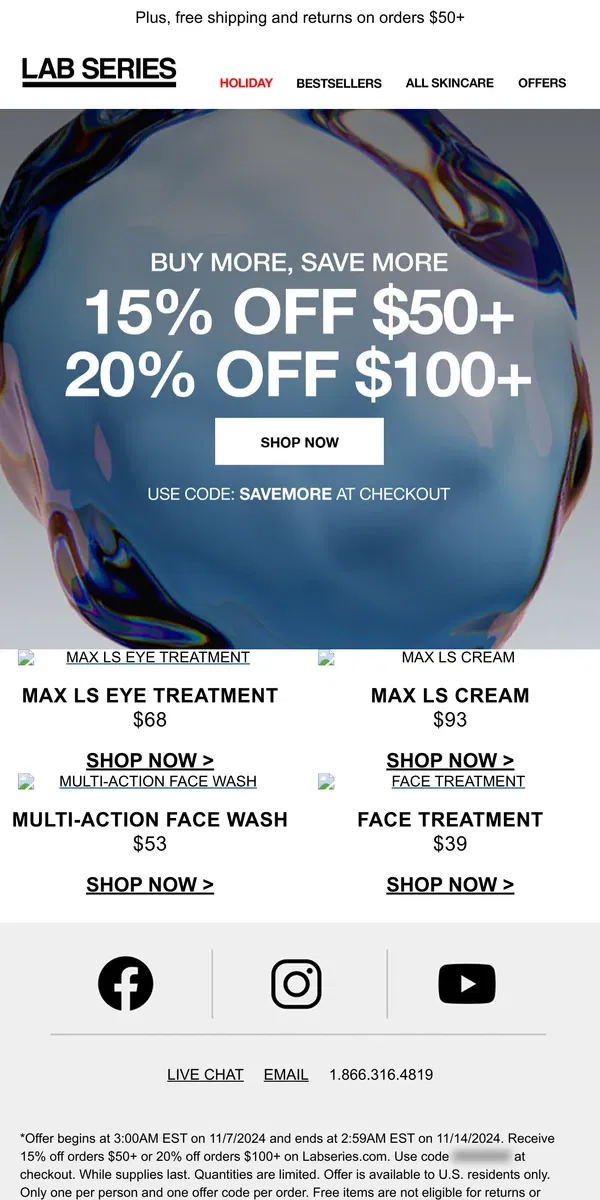 Email from Lab Series. 11/11 make a wish: Up to 20% off all your skincare faves