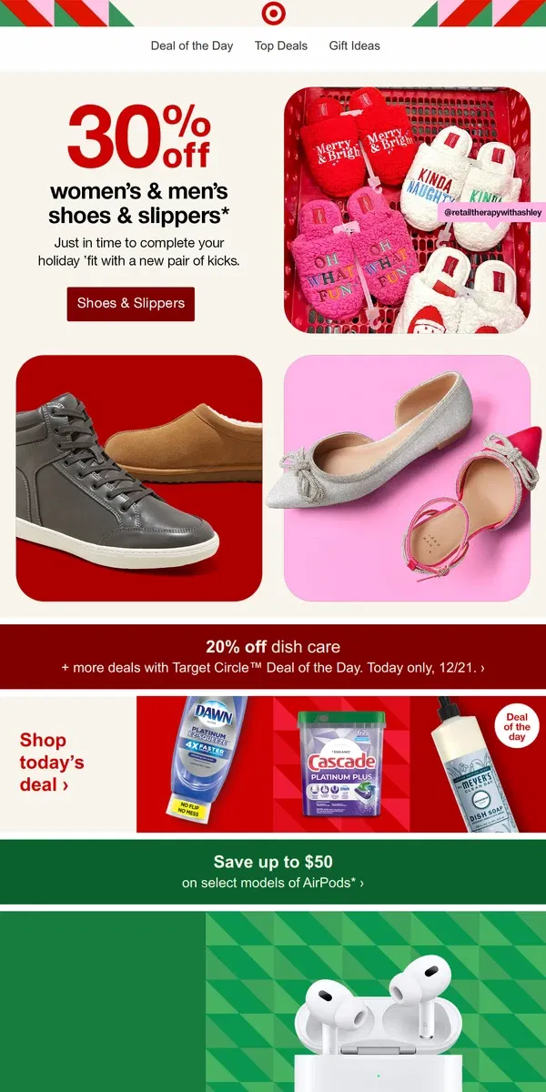 Email from Target. Shoes & slippers sale! 30% off men's & women's.