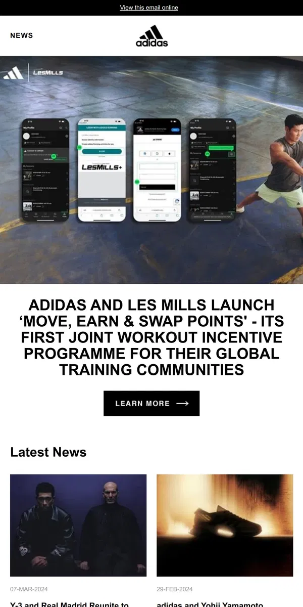 Email from Adidas. adidas and LES MILLS launch ‘Move, Earn & Swap Points' - its first joint workout incentive programme for their global training communities