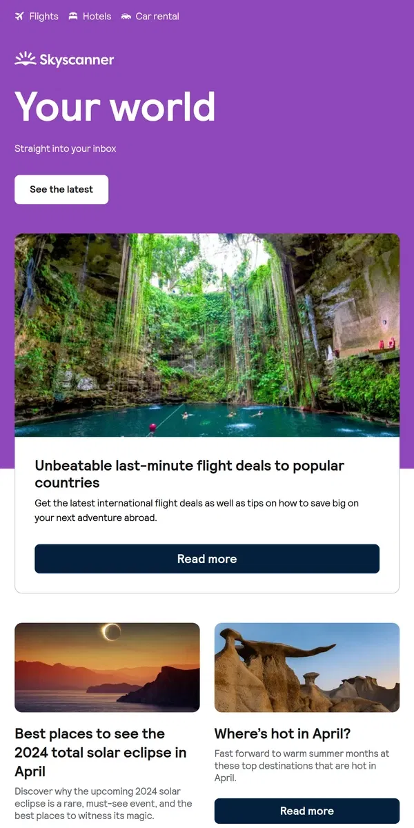 Email from Skyscanner. Unbeatable last-minute flight deals to popular countries