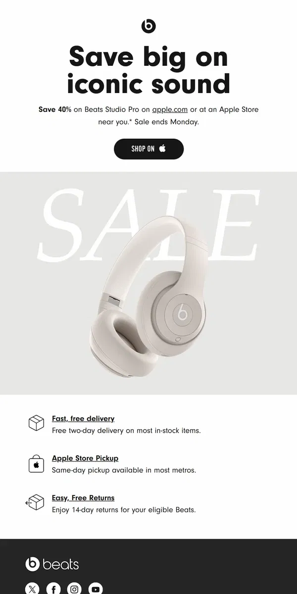 Email from Beats by Dre. SALE: 40% off Beats Studio Pro