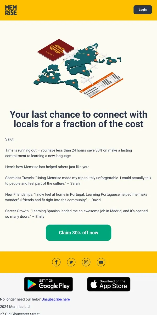 Email from Memrise. Build new connections with locals: less than 24 hours to get 30% off Memrise Pro