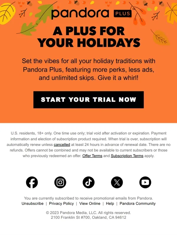 Email from Pandora. Pandora Plus for your holidays 🍁