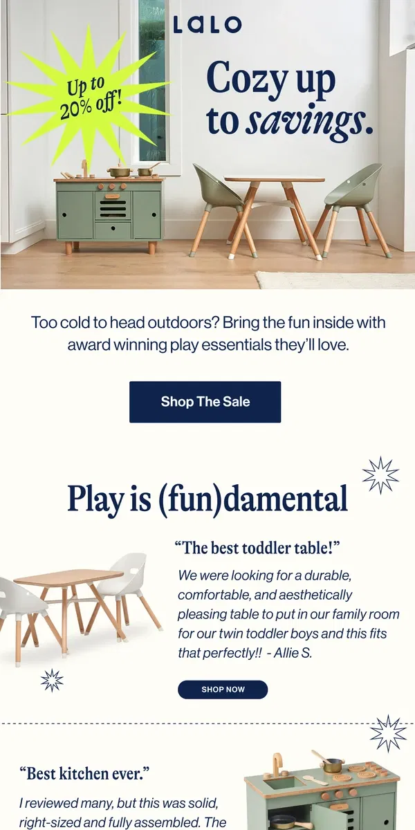 Email from Lalo. Sale is on! Indoor play up to 20% off.