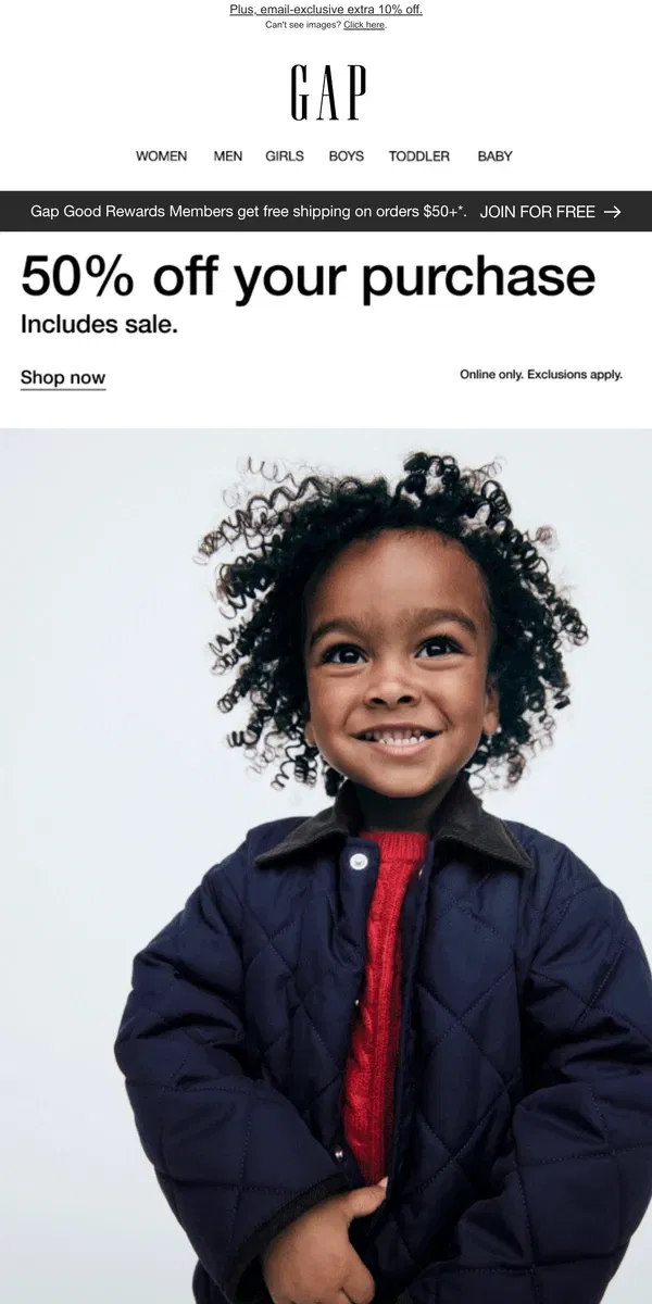 Email from GAP. You're officially getting 50% off jeans, sweaters, sweats & pants