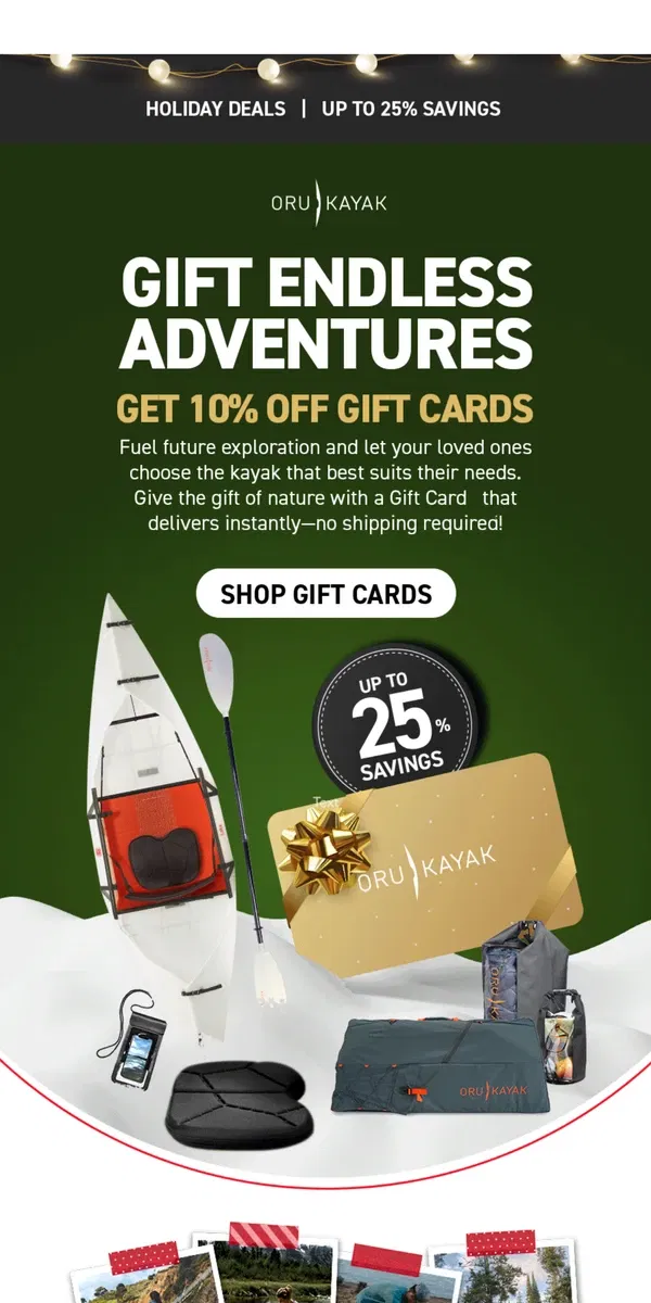 Email from Oru Kayak. Gift the Great Outdoors: 10% Off Gift Cards 🎄