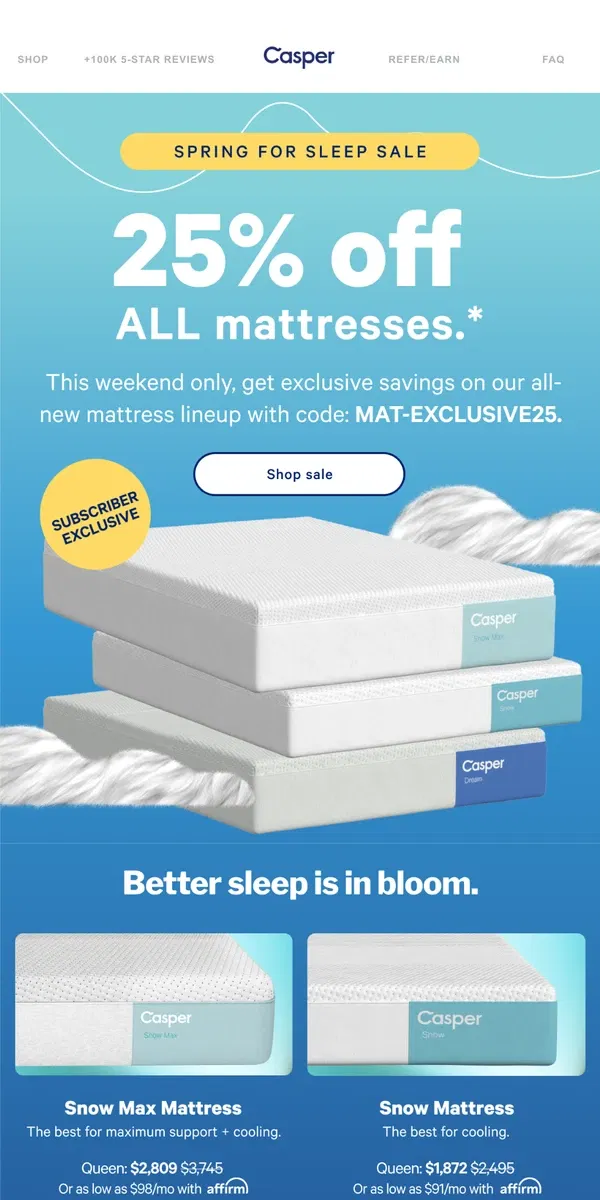 Email from Casper. This weekend only: Exclusive savings on all-new mattresses.