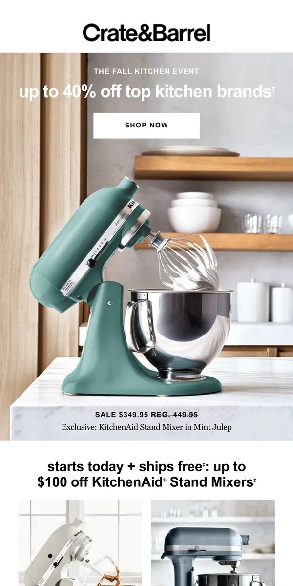 Email from Crate & Barrel. The Fall Kitchen Event is on! Shop up to 40% off →