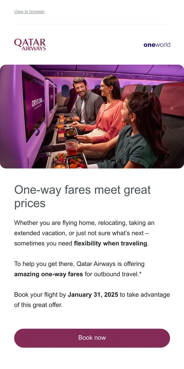 Email from Qatar Airways. One-way fares meet great prices