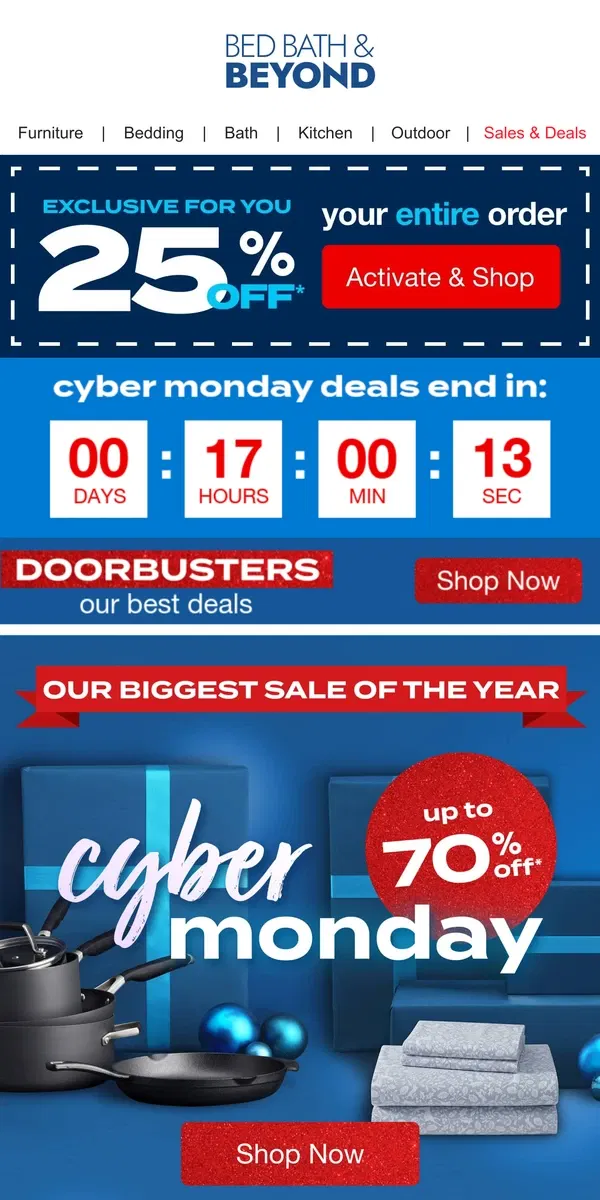 Email from Bed Bath & Beyond. CYBER MONDAY is HERE 🛜✨🌐✨🔵