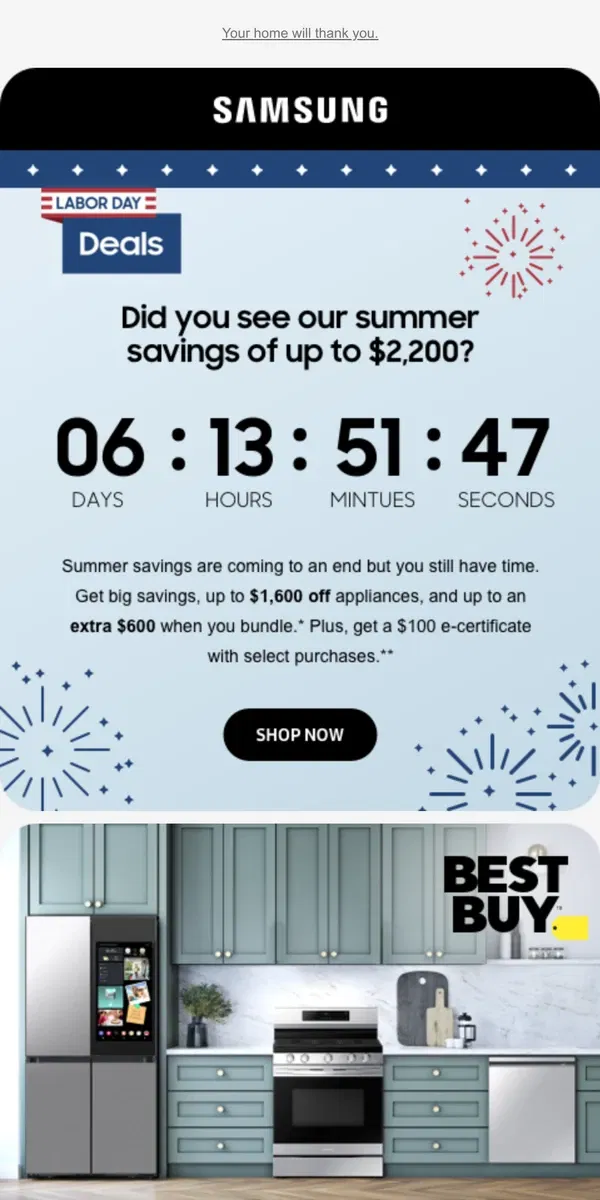 Email from Samsung. [Name], hurry, save up to $2,200 on appliances for your home