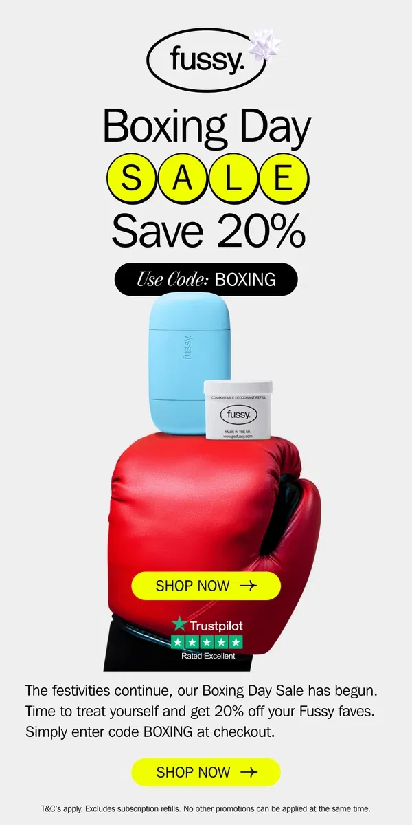 Email from Fussy. Boxing Day Sale LIVE 🎁🥊