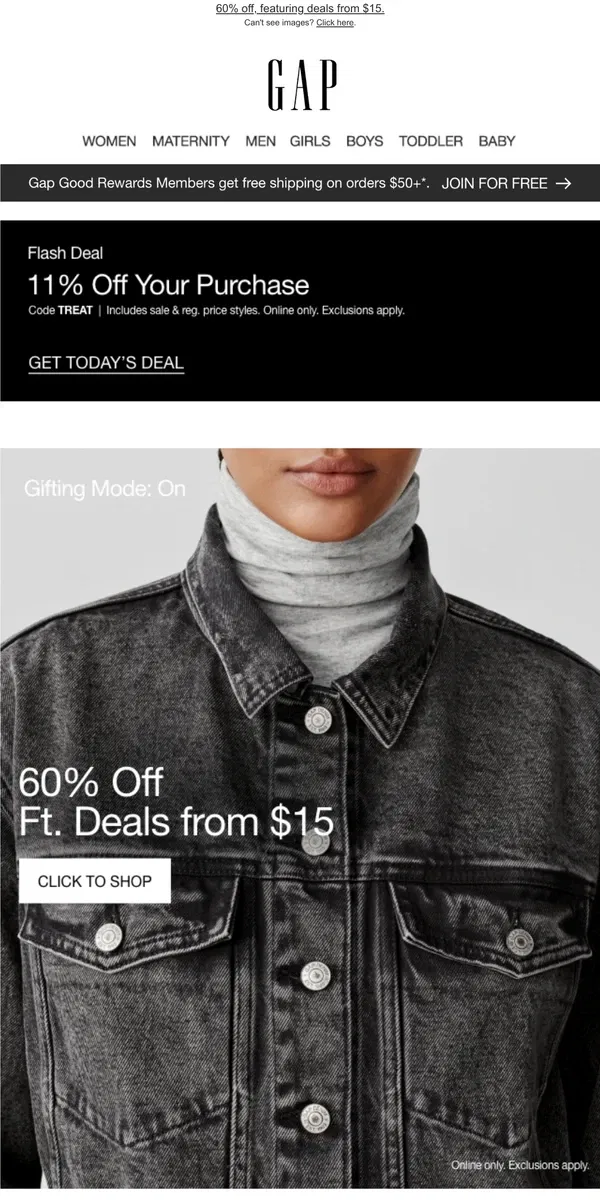 Email from GAP. Open ASAP: use your bonus code today and combine it with 60% off