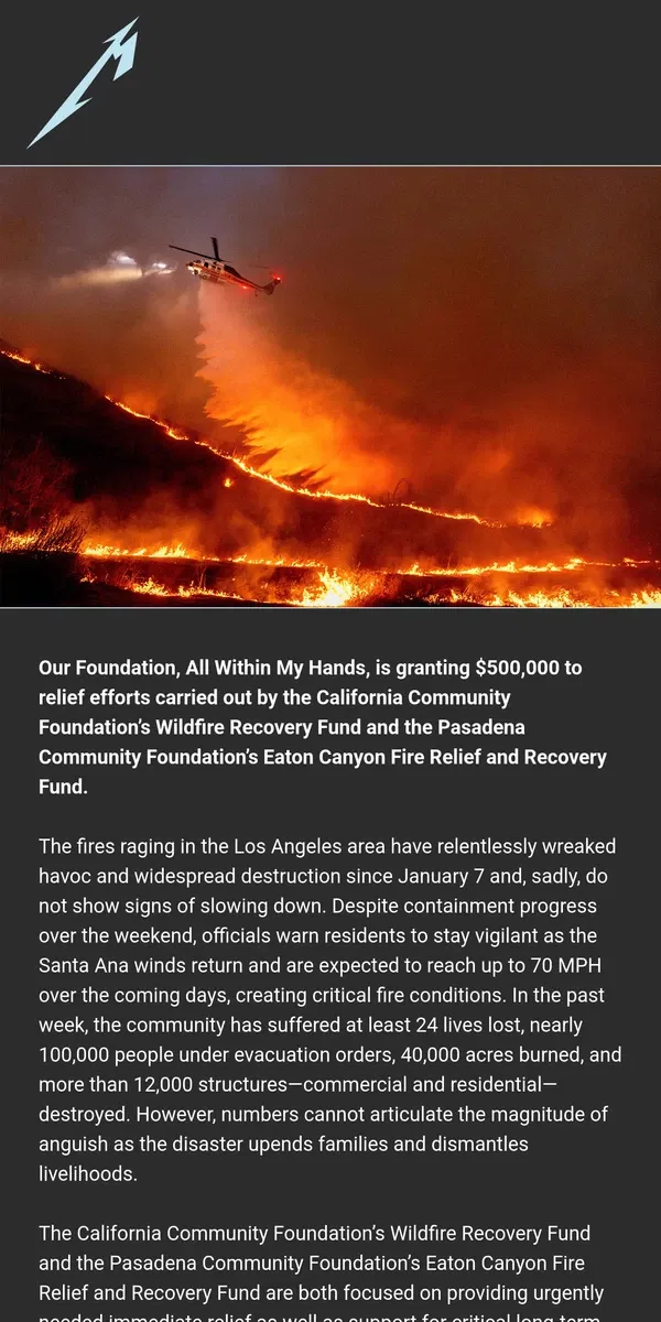 Email from Metallica. 🖤 All Within My Hands Grants $500,000 to Los Angeles Fire Relief & Recovery