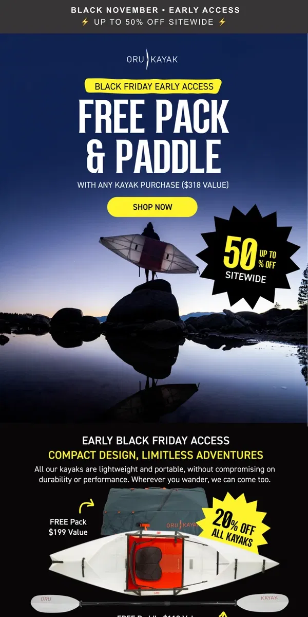 Email from Oru Kayak. This Weekend Only ⚡ Free Pack + Paddle ($318 Value)