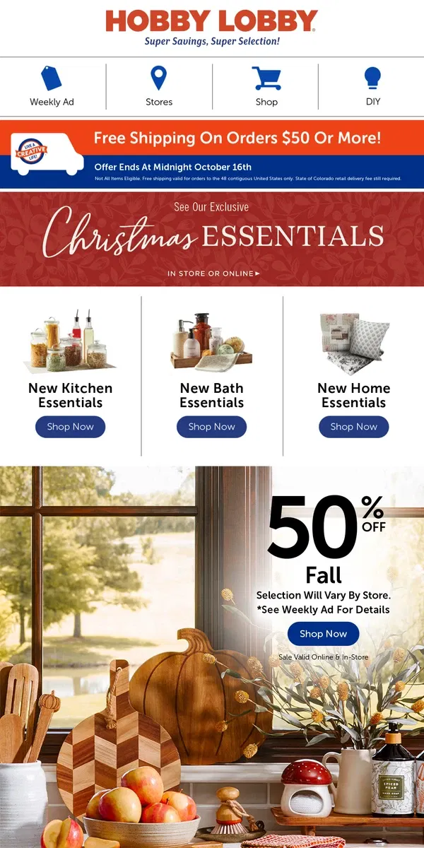 Email from Hobby Lobby. 50% Off Fall Kitchen Essentials