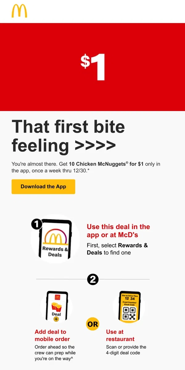 Email from McDonald's. $1 = the perfect first bite