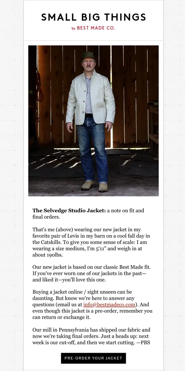 Email from Best Made Co.. The Selvedge Studio Jacket