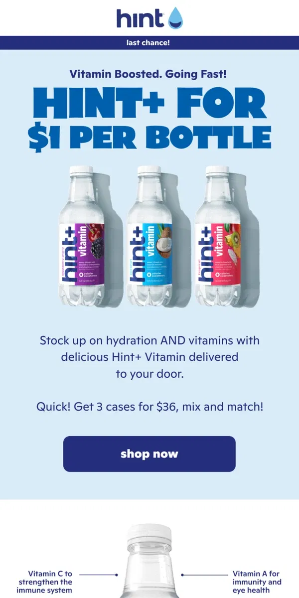 Email from Hint Water. LAST CHANCE: Hint+ Vitamin Is Only $1/Bottle! ⏰