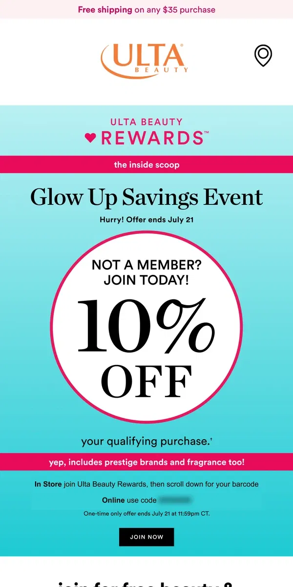 Email from Ulta Beauty. 10% off when you join Ulta Beauty Rewards