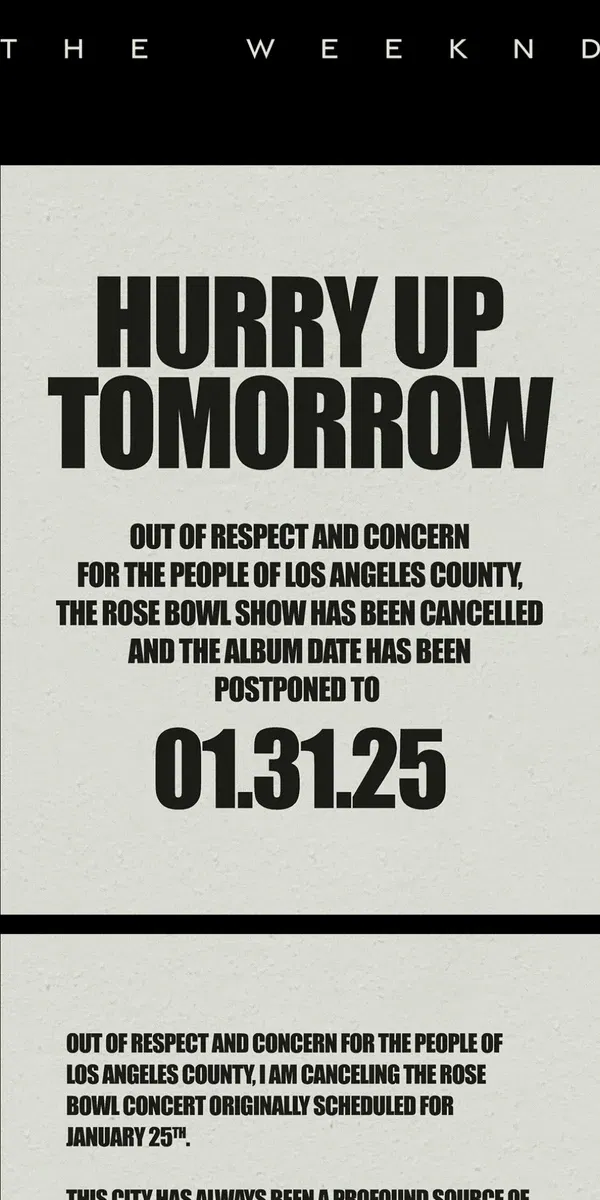 Email from The Weeknd. 'HURRY UP TOMORROW' POSTPONED TO 1.31.25