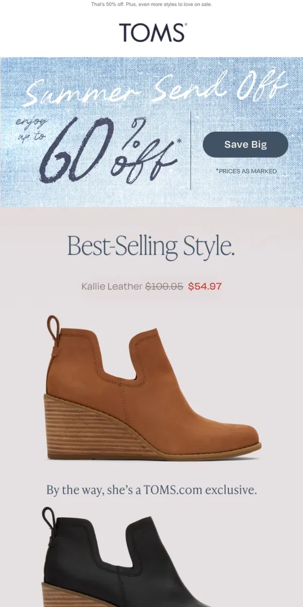 Email from TOMS. Kallie Leather Boots | Now $54.97