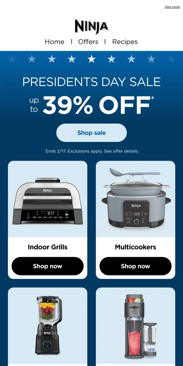 Email from Ninja Kitchen. Presidents Day Sale—up to 39% off.