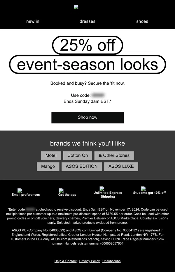 Email from ASOS. 25% off event-season looks