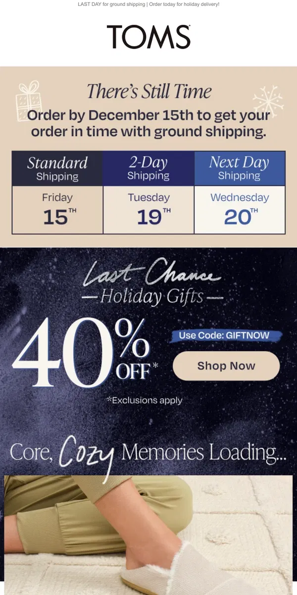 Email from TOMS. Holidays gifts: 40% off | Enter the cozy shop