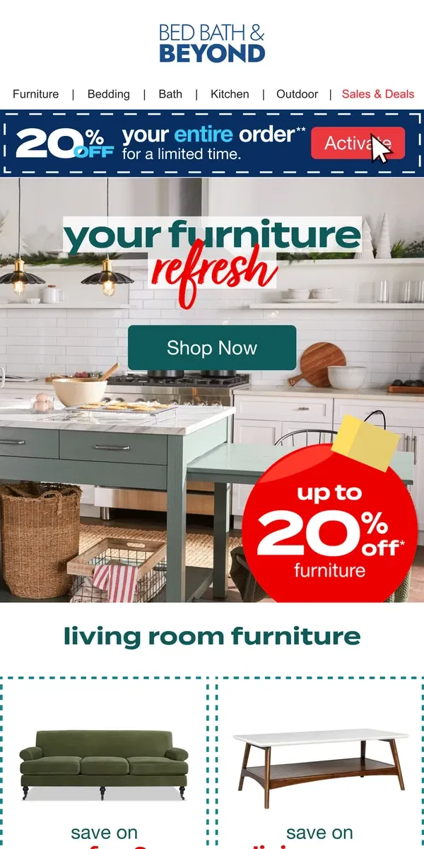 Email from Bed Bath & Beyond. Up to 20% off Furniture for Every Room ✨🤩💫