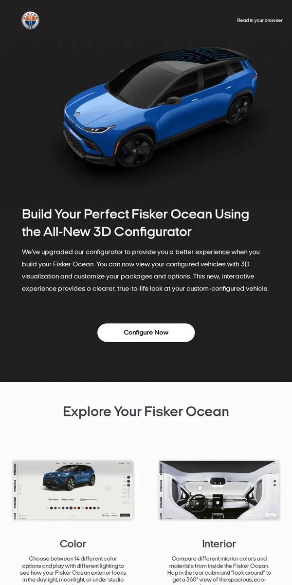 Email from Fisker. Configure Your Perfect Fisker Ocean in 3D