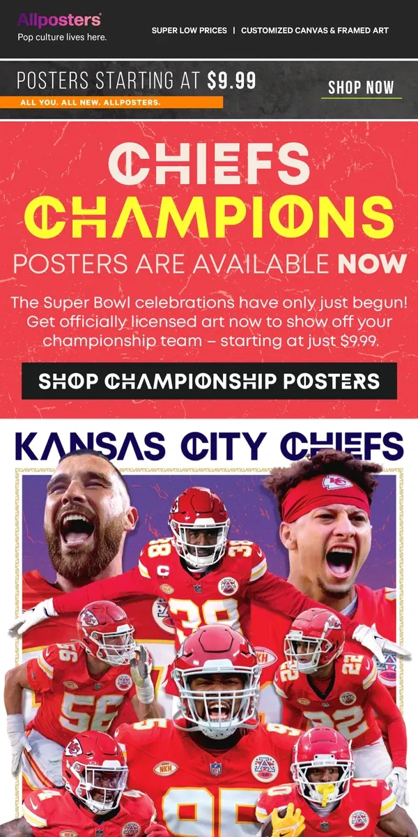 Email from AllPosters. 🏆🎉The Kansas City Chiefs win Super Bowl LVII