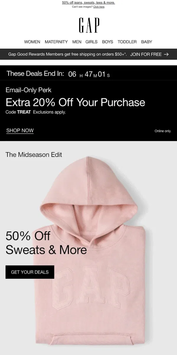 Email from GAP. You only have until tonight —> 50% OFF + email BONUS