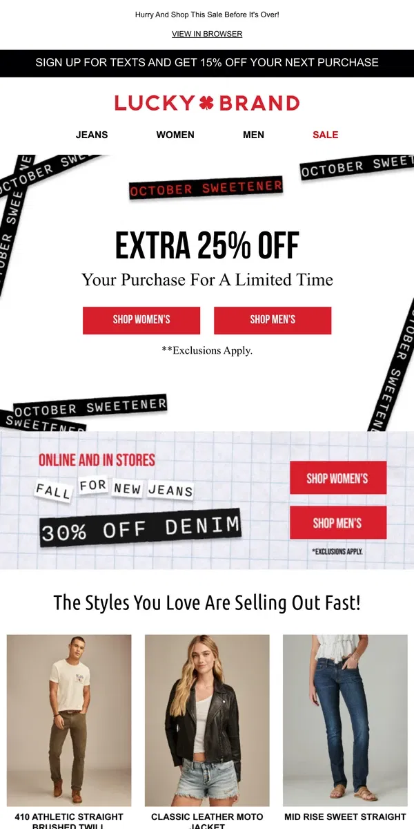 Email from Lucky Brand. Open For 30% Off Denim + EXTRA 25% OFF!