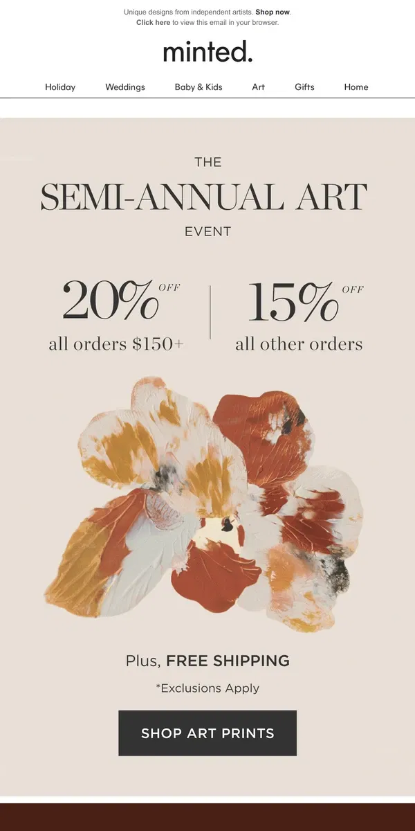 Email from Minted. Just launched: 20% off art prints!