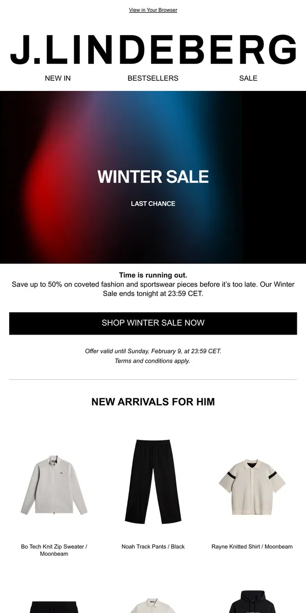 Email from J.Lindeberg. Final Hours: Winter Sale Ends Tonight