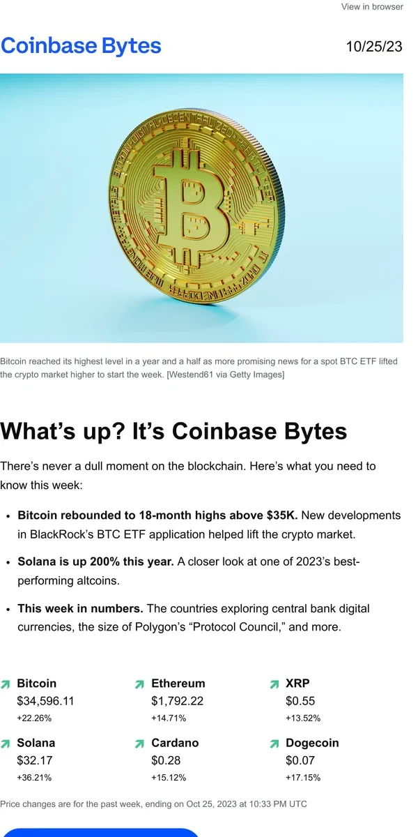 Email from Coinbase. Bitcoin’s best week in 18 months