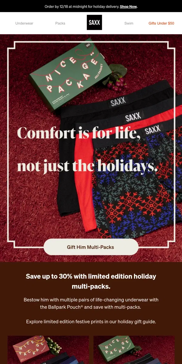 Email from SAXX Underwear. The ideal gift for men? Holiday themed multi-packs.