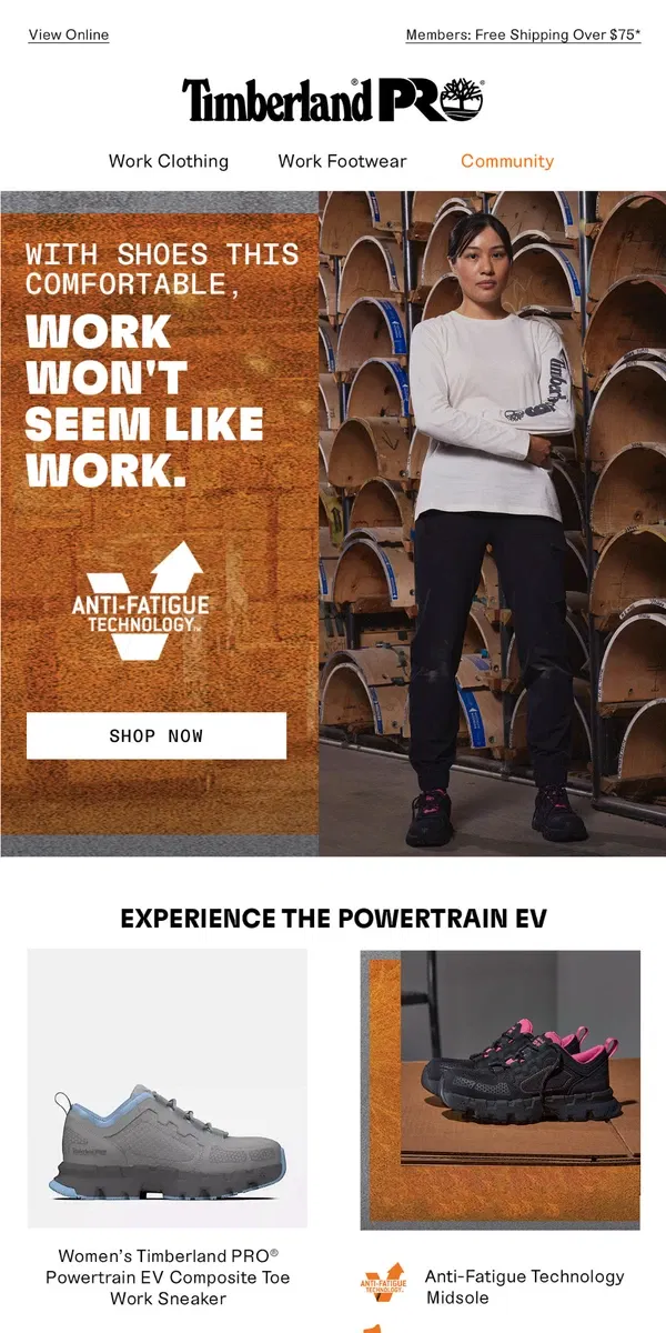 Email from Timberland. Built for Women: The All-New Powertrain EV Work Sneaker.