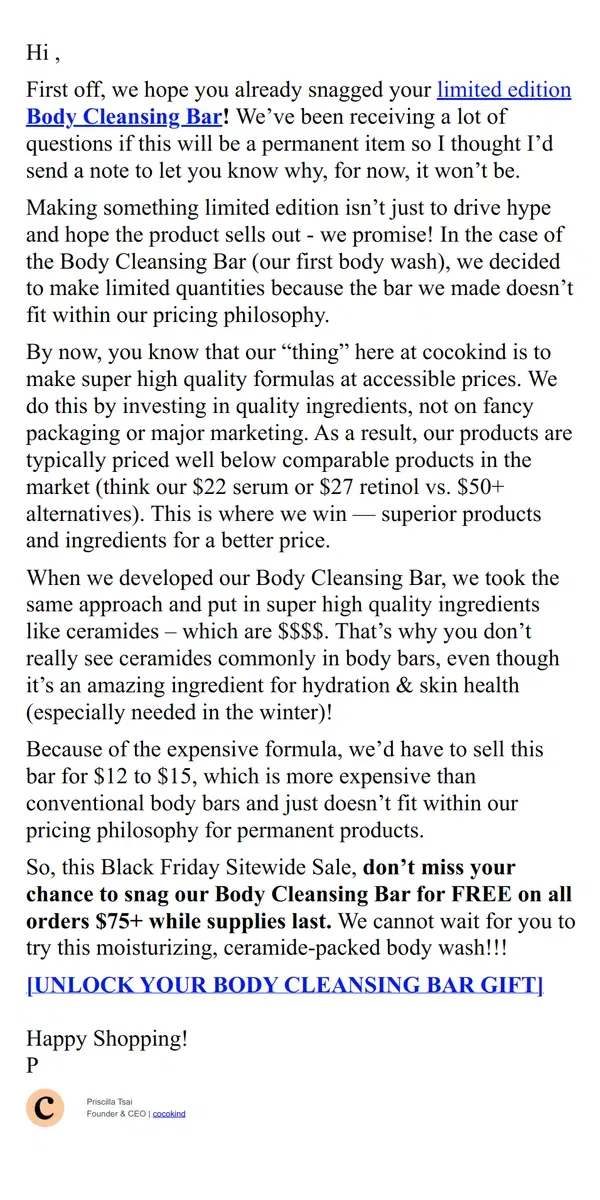 Email from cocokind. Why Body Cleansing Bar isn’t coming back