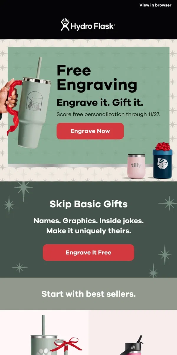 Email from Hydro Flask. FREE engraving starts now.